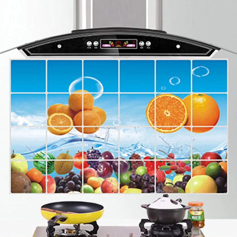 

60*90cm Aluminum Foil Sticker Kitchen Waterproof Anti-oil Stain Cabinet Stickers Fruit Vegetable Pattern Wall Paper Home Decor