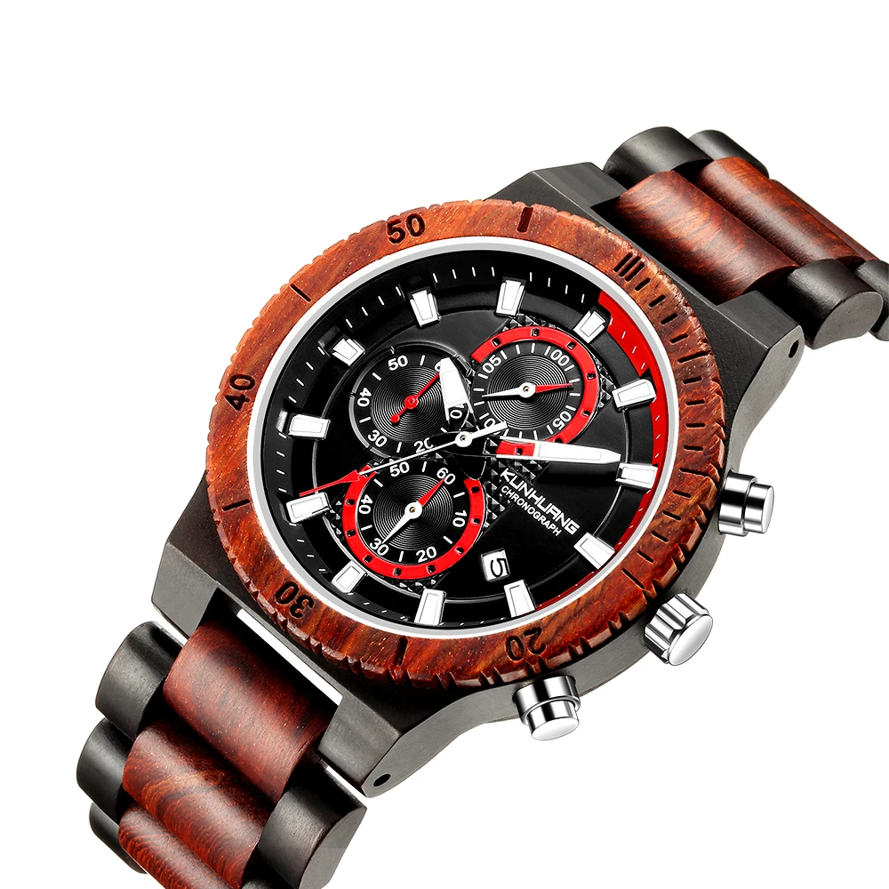 

Kunhuang Top Luxury Brand Wooden Special MEN'S Automatic Date Timing Military Wooden Watch Strap Waterproof Reloj Hombre 2018