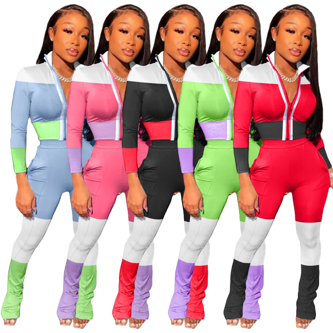 

2020 Autumn Women Suit Hot Style Model Print Joint Long Sleeves&Long Pants European And American Sports Casual Two Piece Set