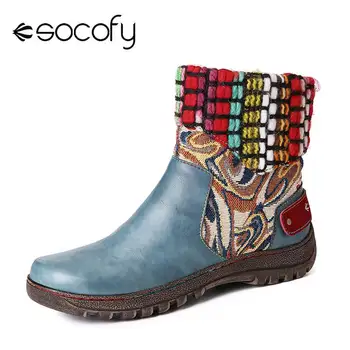

SOCOFY Retro Blue Colorful Woollen Splicing Genuine Leather Zipper Soft Flat Ankle Boots Elegant Shoes Women Shoes Botas mujer
