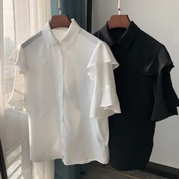 

2020 New Summer Ruffle Sleeve Women's Blouse Ladies Silk OL Office Wear Turn-down Collar Shirt Female Soft Single-breasted Top