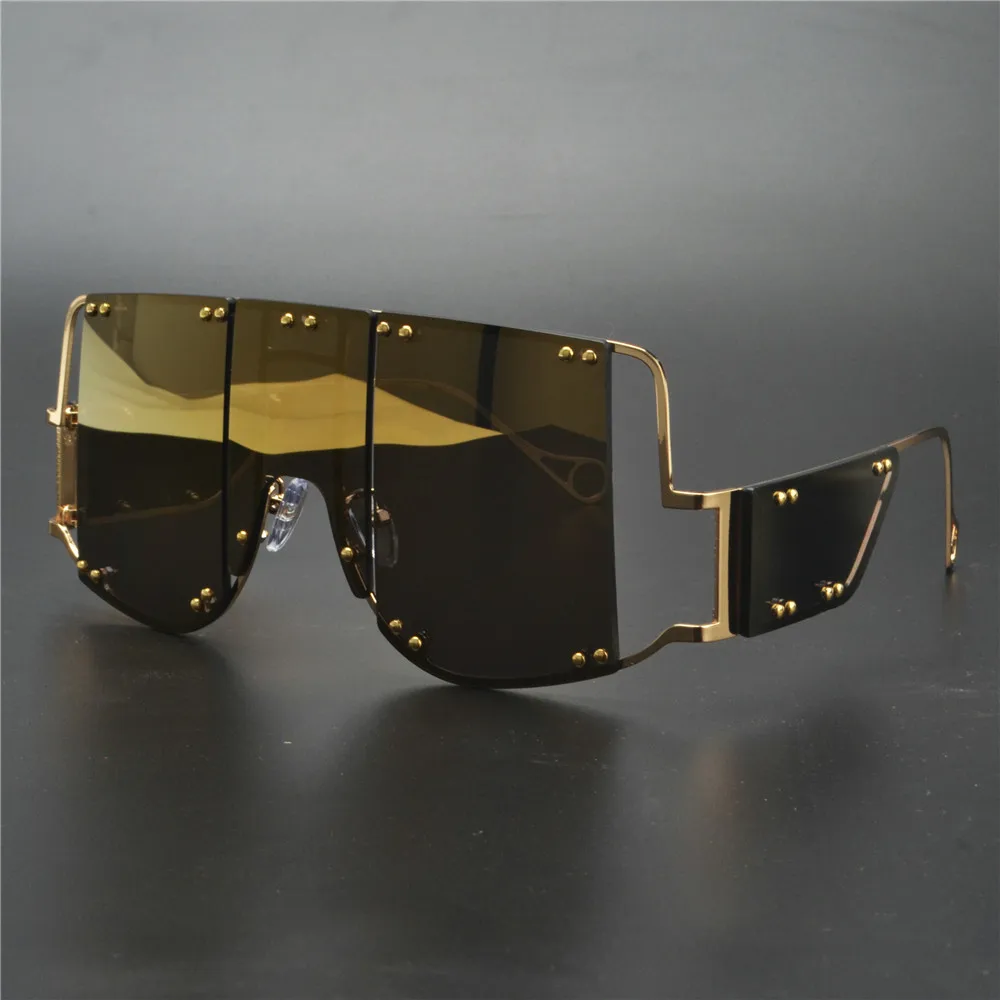 Супер футуристический негабаритный щит козырек Солнцезащитные очки плоский верх зеркальные моно линзы Модные женские металлические рамки заклепки солнцезащитные очки NX - Цвет линз: gold