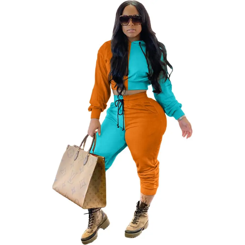

Color Block Patchwork Tracksuit Women Jogging Femme Fitness Drawstring Long Sleeve Hooded Crop Top with Sweatpants Two Piece Set