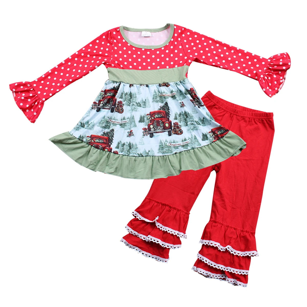 Модная детская винтажная Рождественская туника с длинными рукавами для девочек, топ и красные кружева оборки брюки бутик наряд для Рождества