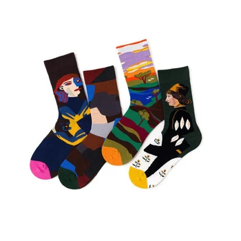 

1 Pair Crew Socks Mid Length Unisex Funny Cute Socks Gift Casual Street Wear Creative Cartoon Retro Oil Painting Socks Funny Hot
