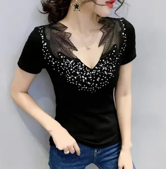 

2020 new summer Rhinestone lace short-sleeved T-shirt women's diamond black white Slim t shirt tops Camisetas Mujer r569