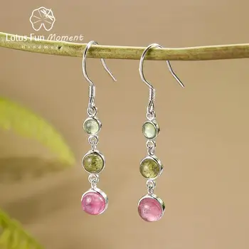 

Lotus Fun Natural Tourmaline Round Gemstones Zircon Elegant Long Drop Earrings Real 925 Sterling Silver Jewelry Gift for Ladies
