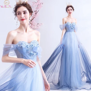 

Gradient Blue A-Line Prom Dresses 2020 New Off The Shoulder Appliques vestidos de gala Long Formal Party Lace Up Evening Gowns