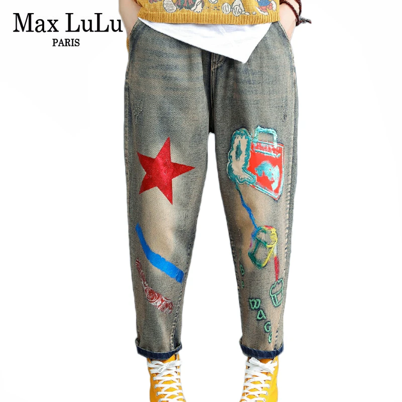 Max LuLu/Осенняя мода в Корейском стиле; женская уличная одежда в стиле панк; женские окрашенные рваные джинсы; Винтажные эластичные шаровары с вышивкой