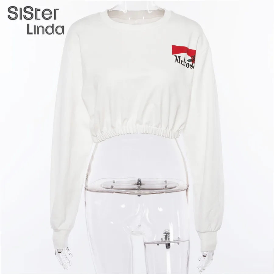 Sisterlinda Толстовка Осенняя Женская мода белый короткий свитшот с длинными рукавами пуловер свежий белый Повседневный Свободный Топ Mujer