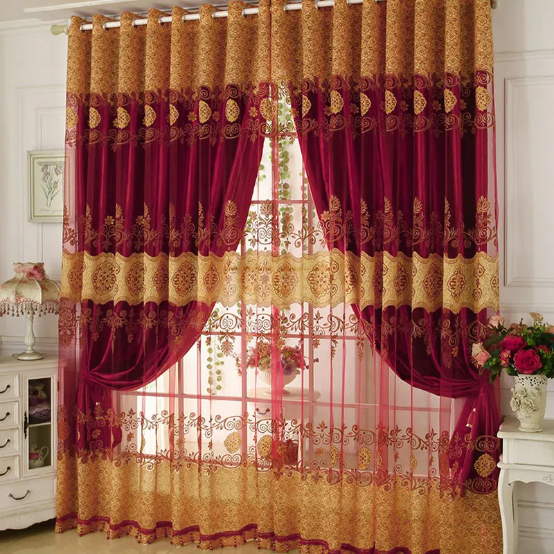 Luxury Window Curtains Beaded For Living Room Tulle+Blackout Curtain Window Treatment/drape In Golden/Purple/Red Free shipping