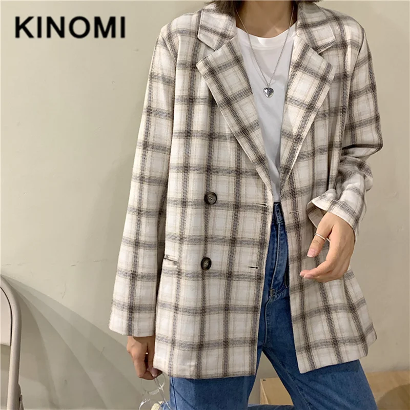 KINOMI осень Винтаж плед с двойным отворотом с двойными рукавами Для женщин Блейзер Куртка с карманами; женские куртки Пальто Feminino