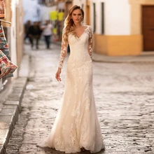 Langarm Spitze Meerjungfrau Hochzeit Kleider 2021 V-ausschnitt Tüll Brautkleid Für Frauen Mit Button Zurück Sweep Zug Nach Maß