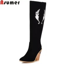 ASUMER/; новые сапоги до колена; женская обувь из флока на высоком каблуке; женские сапоги на танкетке на молнии; классические осенне-зимние сапоги; женская обувь; большие размеры