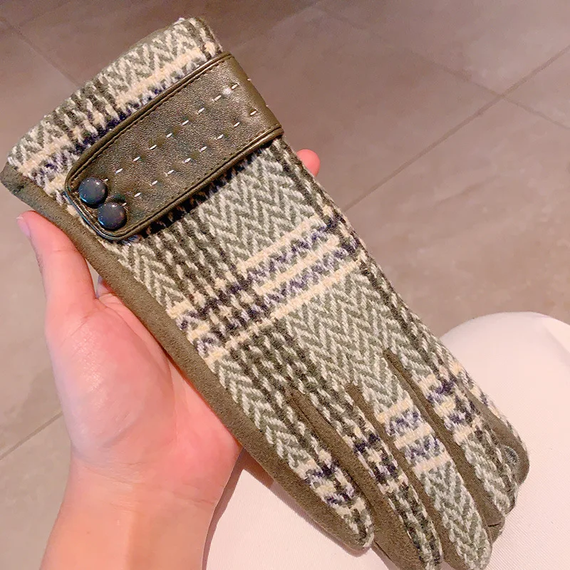 Женские перчатки, зимние, новые, гусиные лапки, цветные, в клетку, шерсть, кашемир, плюш, бархат, толстые, пять пальцев, перчатки, сенсорный экран, элегантные, теплые - Цвет: green leather
