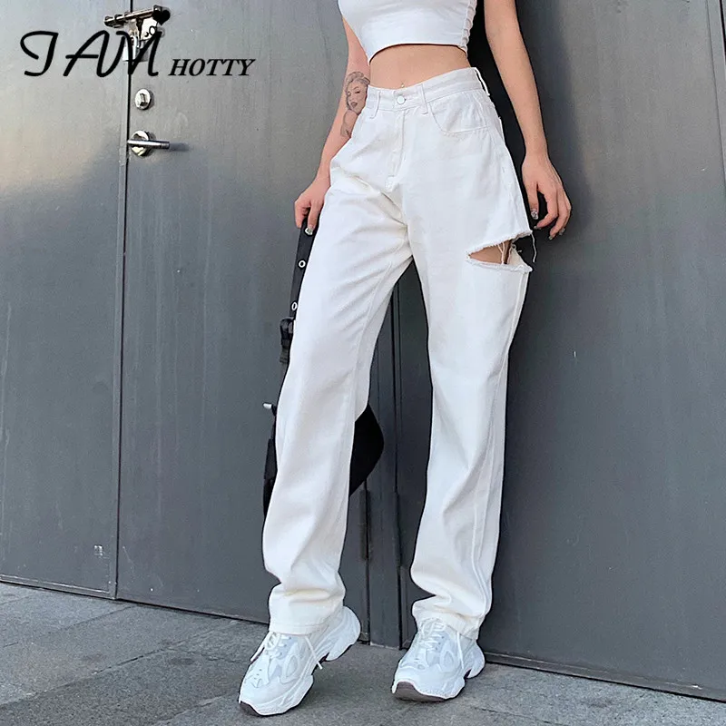 IAMHOTTY Ripped Hollow Out Women's pants Straight High Waist Baggy Jeans Joggers Sweatpants Cotton Casual Leggings Capris 2020 IAMHOTTY Ripped Hollow Out Women's pants Straight High Waist Baggy Jeans Joggers Sweatpants Cotton Casual Leggings Capris 2020