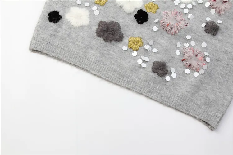 Women's Sweater 3D Embroideried Flower Sequin Wool Knitted Sweater Autumn Thick Soft Korean Style Oversized Jumper Pullover