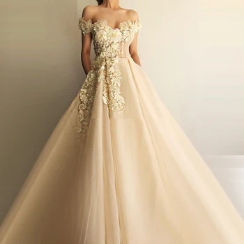 

Stunning Flowers Aline Evening Dress off The Shoulder Dubai Arabic Saudi Arabian Vestidos De Festa Prom Custom Made Plus