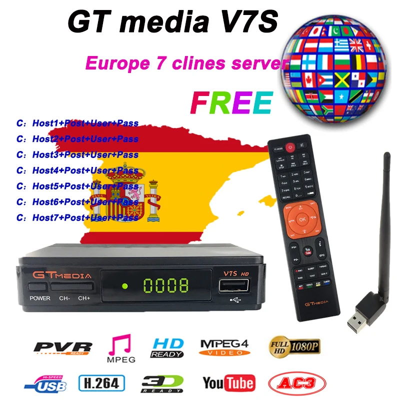 

Popular DVB-S2 Freesat V7 Full HD with USB WIFI FTA TV Receiver GTmedia v7s HD Power Support Europe 7 cline CCCAM Network Share