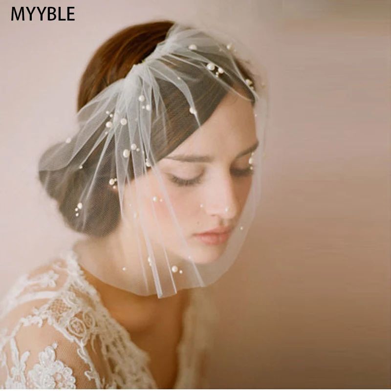White Tulle Blusher Veil Pearls Elegant Wedding Accessories for Bride Girls One Layer Beaded Womens Bridal Veils Voile Mariage