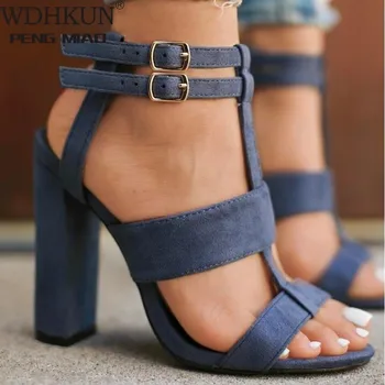 

Size35-43 Women High Heels Design Cross Strap Bandage Summer Sandals Shoes Lady Party Sexy Square Heels Ankle Strap Flock Sandal