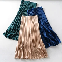 VomVoa European and American trendy wild solid color draped three-color skirt women casual satin pleated skirt women