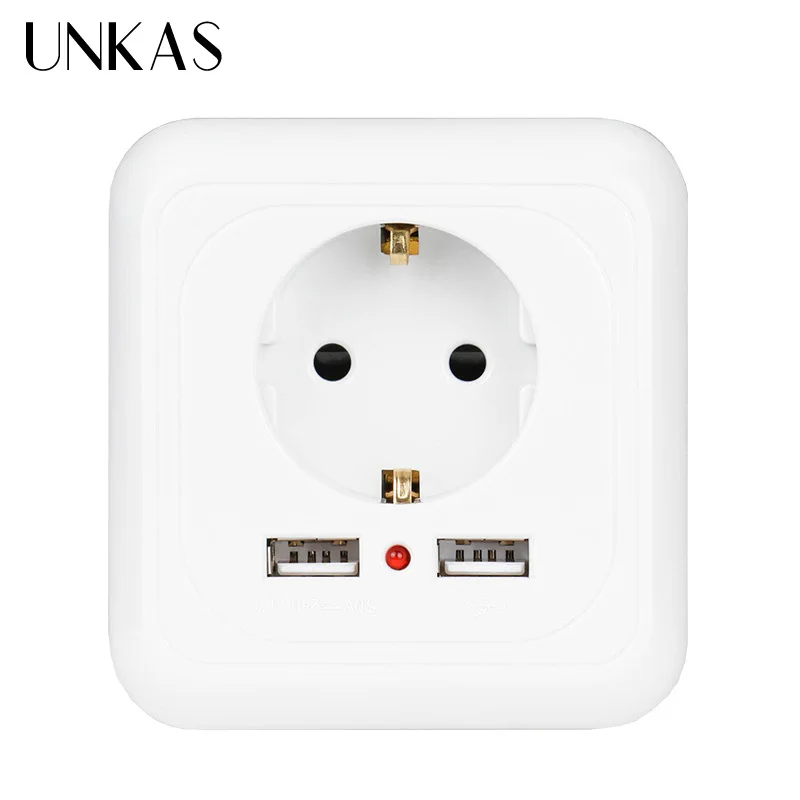 UNKAS Dual USB Port Wall Charger Adapter Charging 2400mA EU Plug Socket Power Outlet Panel Grounded Electric 86mm*86mm | Обустройство