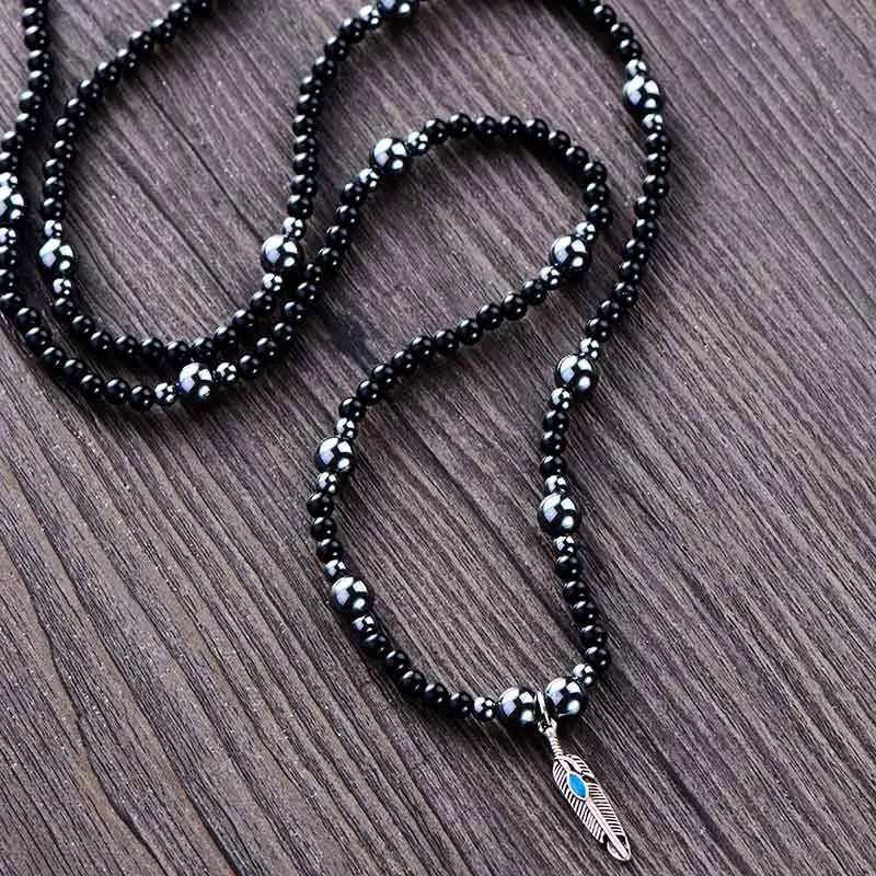 Men Necklaces Steampunk 6MM Black Onyx Hematite with Leaf Charm Couples Necklace Natural Stones Mens Jewelry Dropshipping