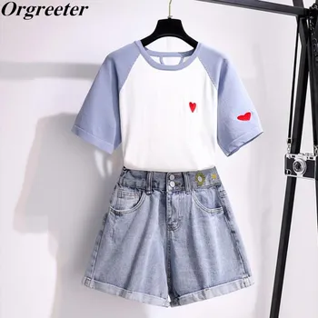 

Playful Love Embroidery Backless Hollow Knitted Tops and Flower Embroidery Denim Short Two piece Student Sets