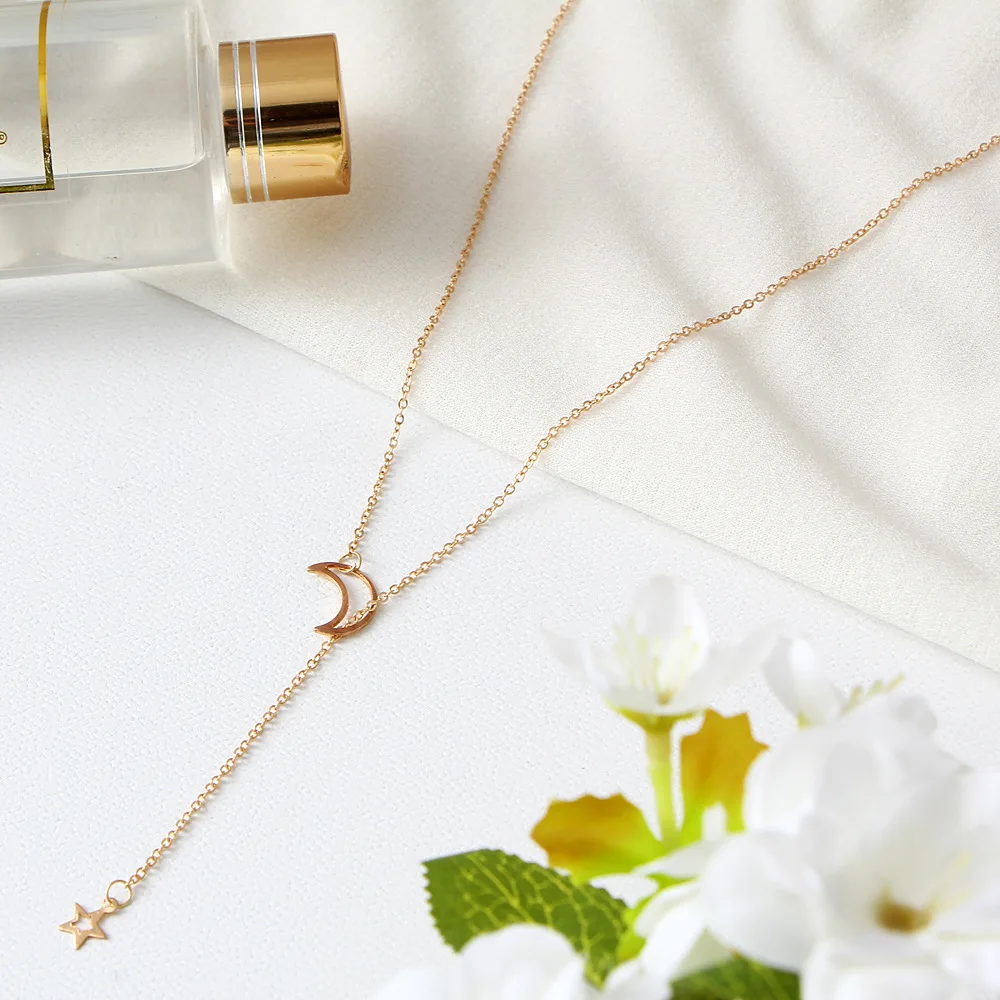 Wholesale Women Simple Alloy Necklaces Moon Star Vintage Minimalist Gold Lariat Necklace 2019