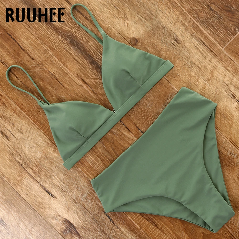 RUUHEE-Bikini de cintura alta para mujer, traje de baño liso verde, conjunto de Bikini con almohadilla, ropa de playa, 2021