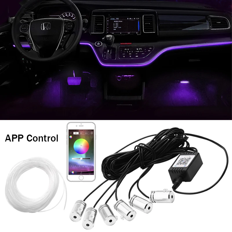 6 in 1 RGB LED Atmosphere Car Interior Ambient Light Kit Fiber Optic Strips Light By App Control