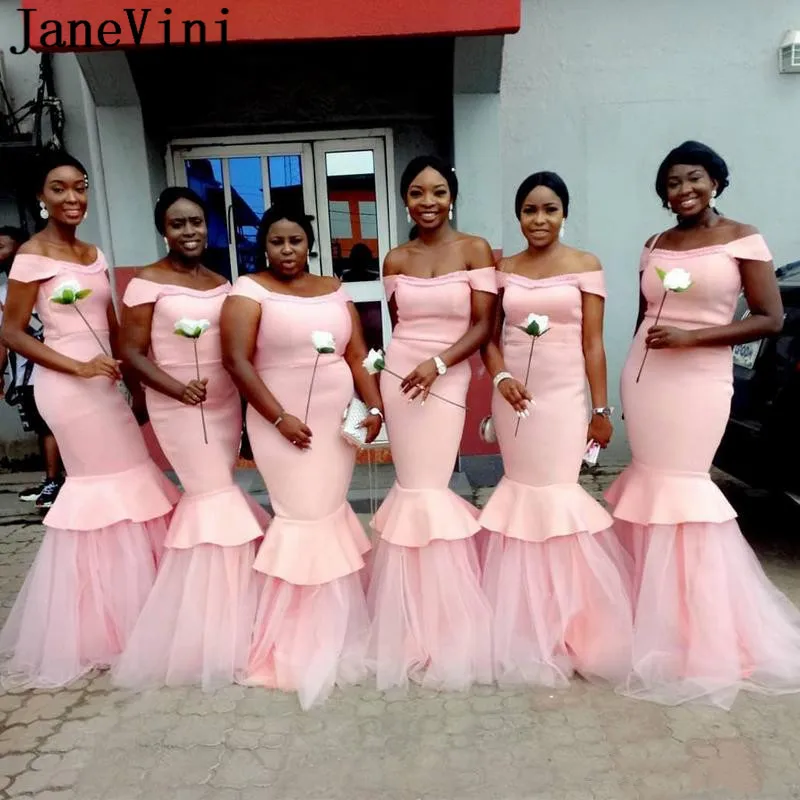 Stunning Pink Off Shoulder Long Bridesmaid Dresses Tulle Bottom Mermaid Prom Gowns Customize Country Maid of Honor Dress_副本