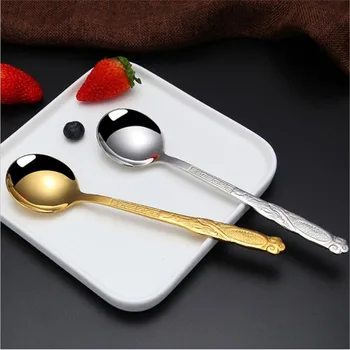 

Stainless Steel Spoon Adult Large Rice Spoon Dragon Pattern Long Handle Household Spoon Creative Plated Gold Silver Spoon