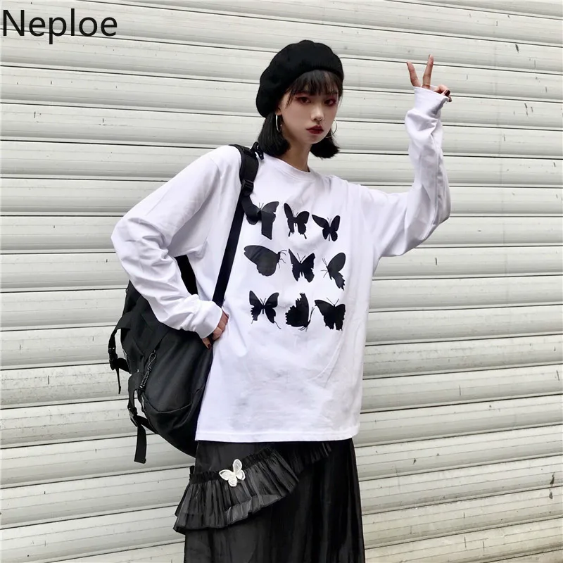 Neploe Ins Harajuku стиль уличная одежда для влюбленных унисекс футболки с круглым вырезом и принтом бабочки футболка с длинным рукавом низ Свободный Повседневный женский топ