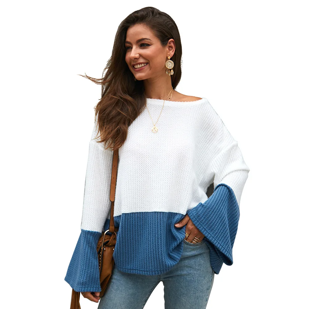 

Long sleeve loose knitted sweater for women fall winter 2019 elegant casual fashion contrast color clothes office lady sweater