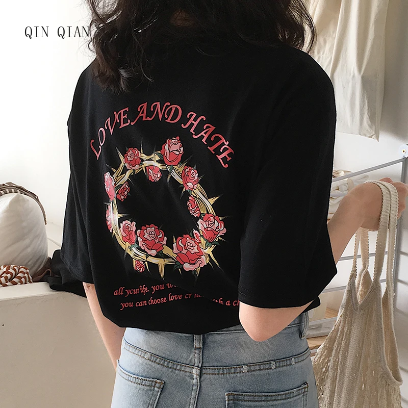 

2017 Halajuku Summer New Rose Letter Printed Fashion Loose Casual Short Sleeve Female T-shirts