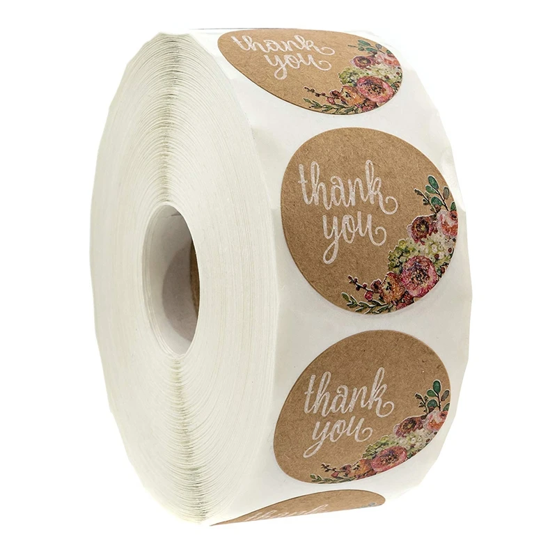 

Kraft Floral Thank You Stickers 1 inch Circle Labels / 500 Per Pack