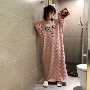 Nightdress women Осенне-зимняя женская ночная рубашка с длинным рукавом из хлопка с животным принтом в стиле пэчворк, свободная ночная рубашка, Повседневная Ночная рубашка, пижама с длинным рукавом - Цвет: Nightdress women