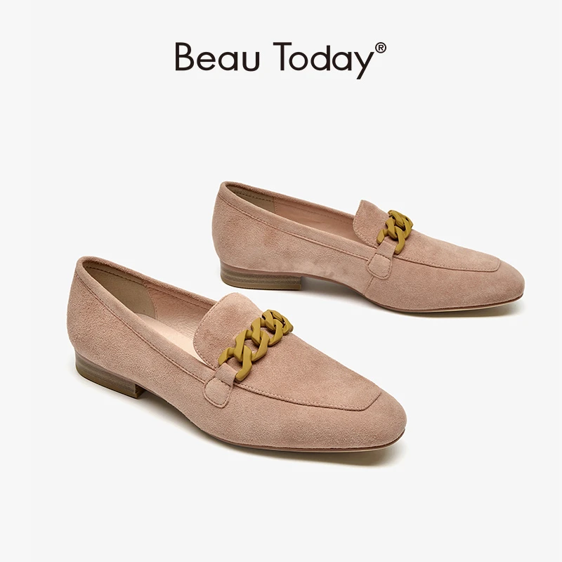 BeauToday de ante con punta cuadrada para mujer, zapatos planos con cadena Metal, elegantes, sin cordones, hechos a mano, 27401|Zapatos mujer| - AliExpress