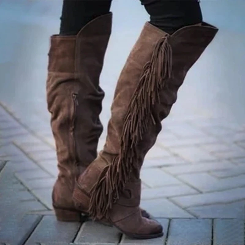 MoneRffi/Женская обувь; модные сапоги до колена на высоком каблуке с бахромой; однотонные высокие сапоги из флока без застежки; сезон весна-осень - Цвет: Dark brown