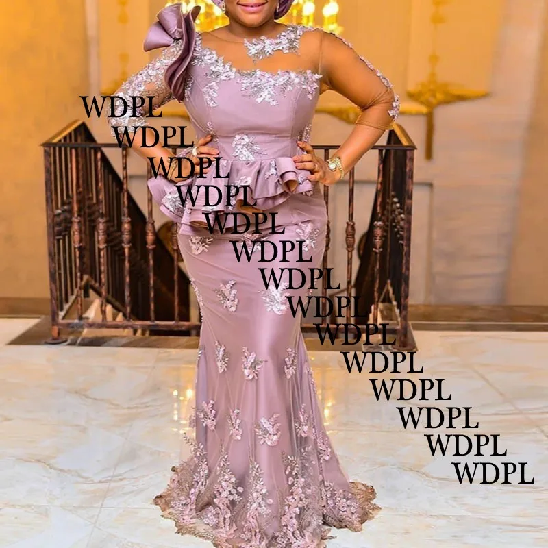 Nigerian Evening Dress Elegant vestido longo Long Evening Gowns Mermaid Sleeves Beaded robe de soiree Appliques Formal Dresses