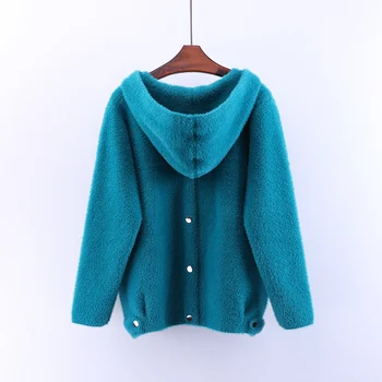 

2019 New Spring Autumn Loose Mink Cashmere Female Overcoat Single Breasted Hooded Long Sleeve Jackets Knitted Cardigans Sweaters