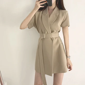 

Suit collar female new summer waist slimming temperament design sense light familiar style professional dress