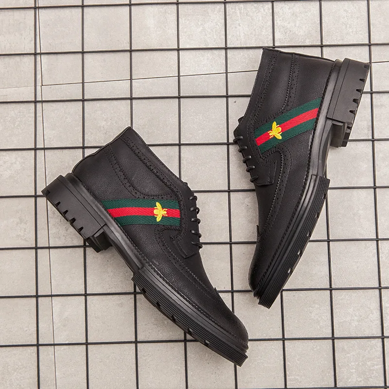 

Autumn And Winter New Style Black And White with Pattern Worker Boot Korean-style High-ankle Leather Casual Shoes Versatile Engl
