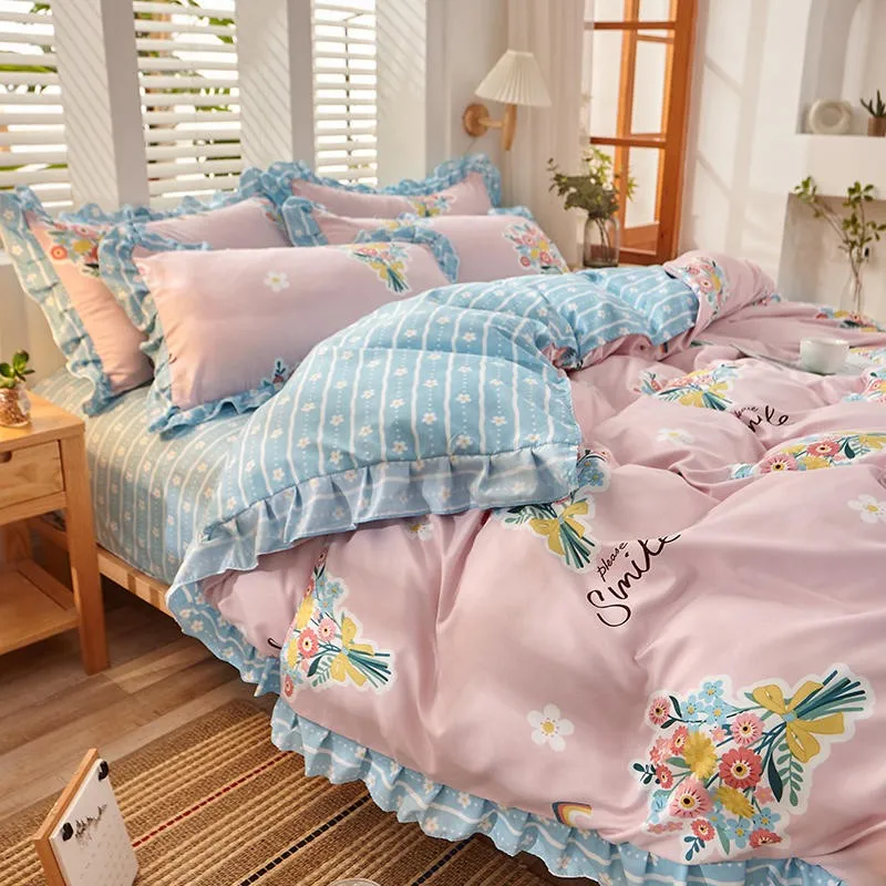 Peony Floral Girls Duvet Cover Set Soft Cotton Brushed Farmhouse Chic Blossom Ruffle 3/4Pcs Bedding set Fitted sheet Pillowcase