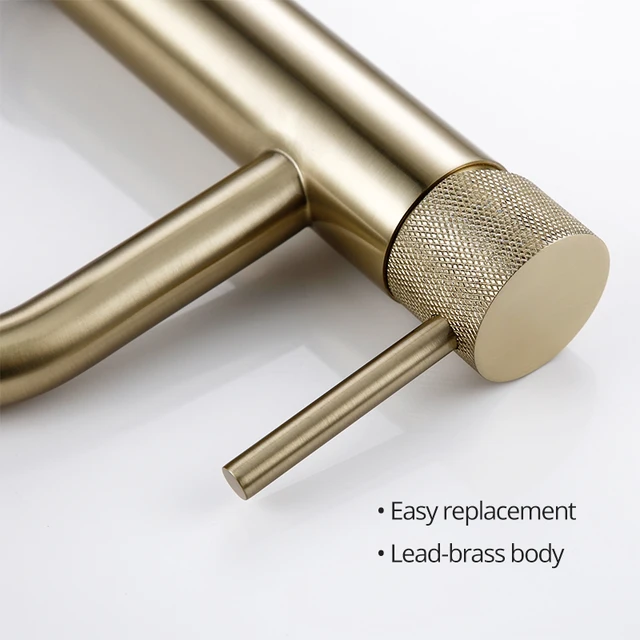 ห้องน้ำอ่างล้างหน้าล้างก๊อกน้ำแปรงทองร้อนเย็นแตะเดียวหลุมติดตั้งKnurling Leverจับ 2