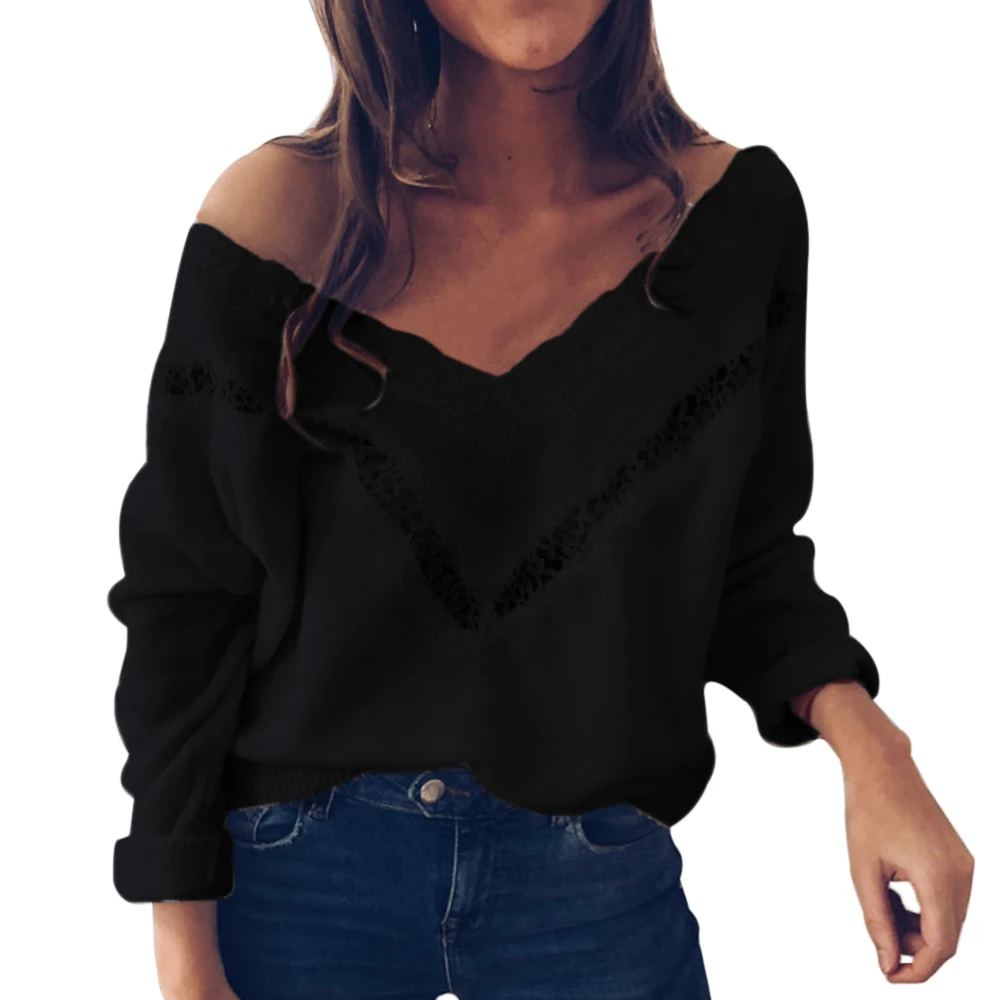 Сексуальная кружевная Лоскутная белая женская блузка с длинным рукавом, сексуальные топы и блузки, Осенние Топы, женский кружевной тонкий пуловер с v-образным вырезом - Цвет: black