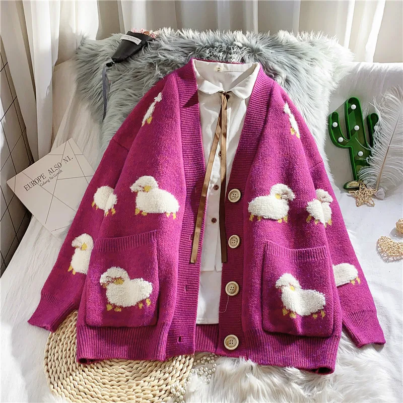 NCLAGEN Cute Sheep Women Knitted Cardigan Batwing Sleeve Loose Casual Sweater Girls Pockets V Neck Spring Fall Outwear Top Cloth