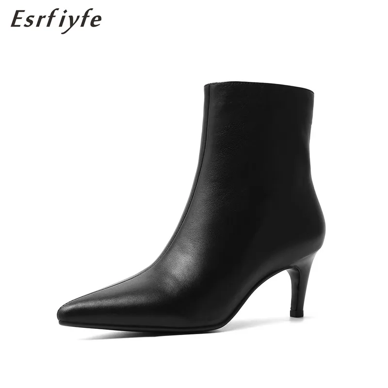 

ESRFIYFE 2020 New Fashion Genuine Leather Pointed Toe High Heel Boots side Zipper Ankle Boots Women Shoes Thin Heel Women Boots